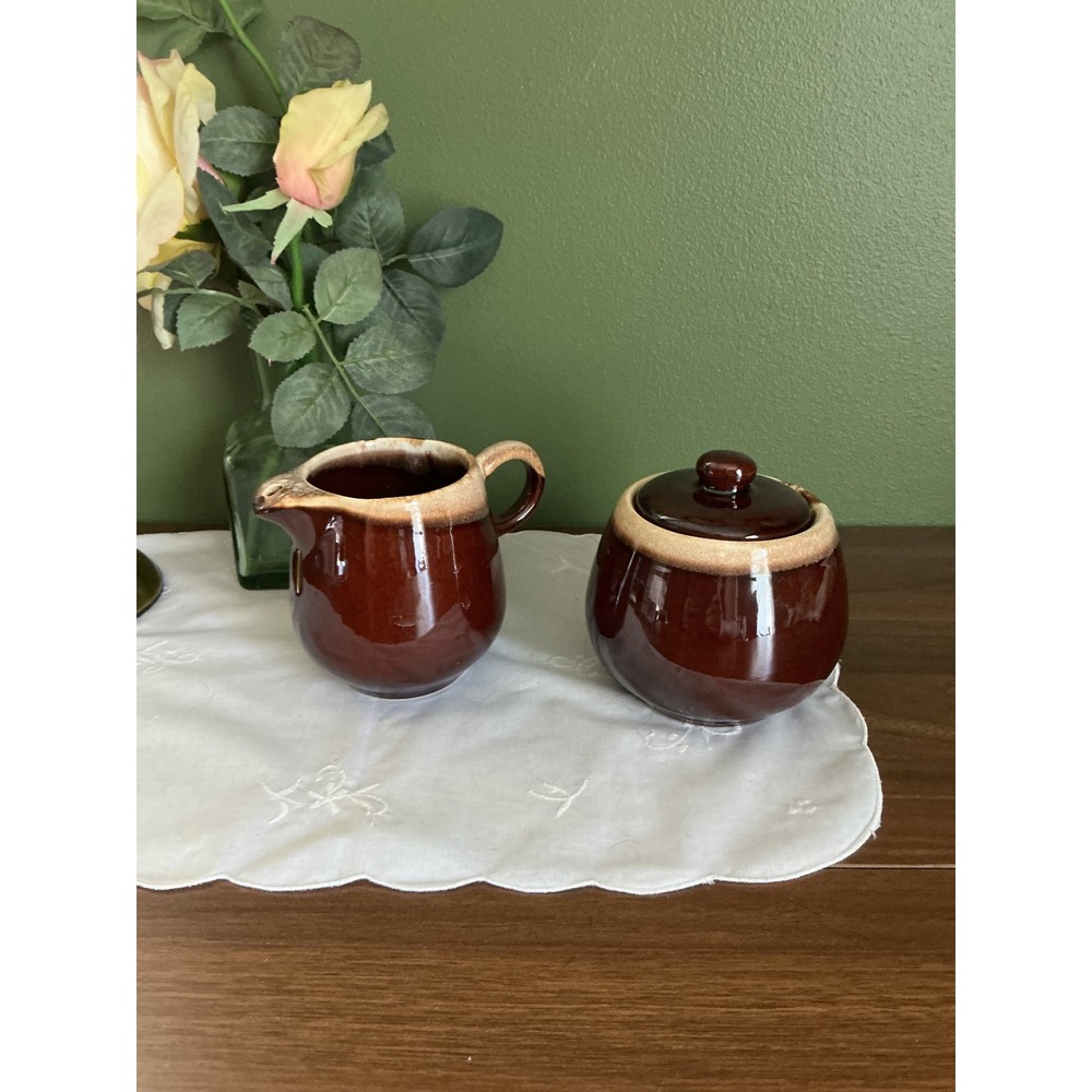 Vintage McCoy Brown Drip Creamer Sugar Bowl Set USA Pottery 1970s